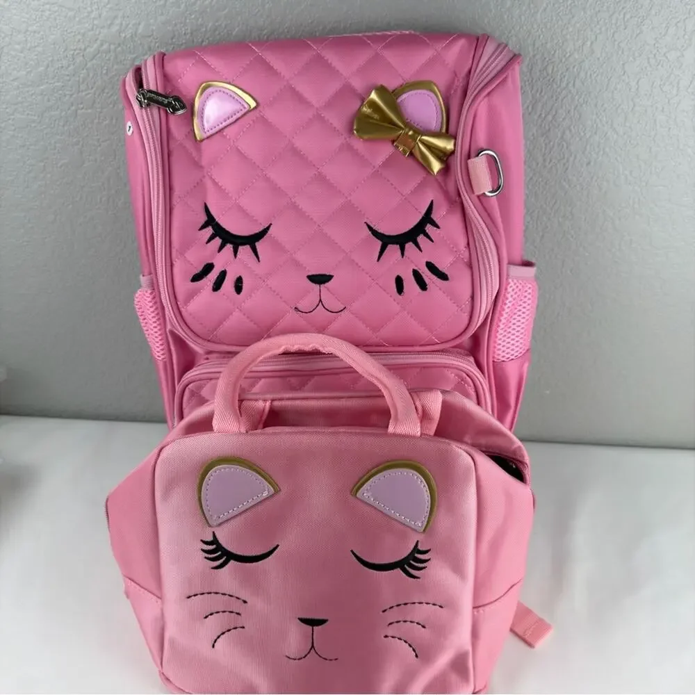 NWT Charming Pink Cat Kids Backpack and Lunch Bag Set